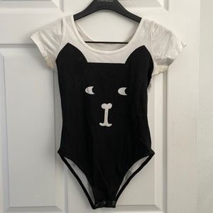 Black and White Cat Bodysuit Face and Tail Short Sleeve Size S